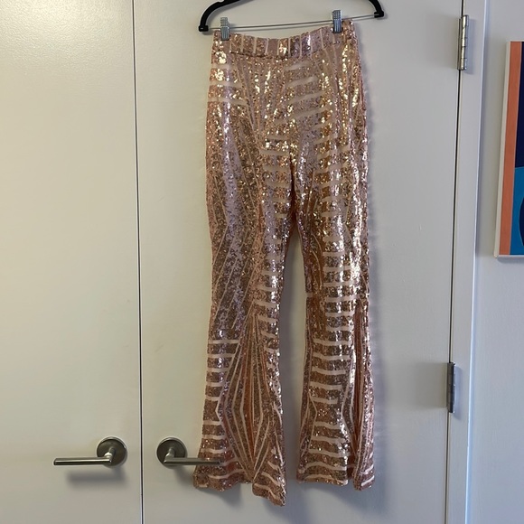 Pants - Champagne sequined flare pull-on trousers
